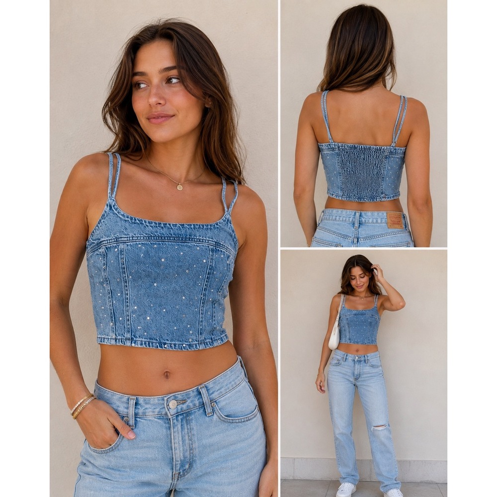 Levis Rhinestone Denim Crop Top Blue Light Wash Smocked Cami Small A5894-0000